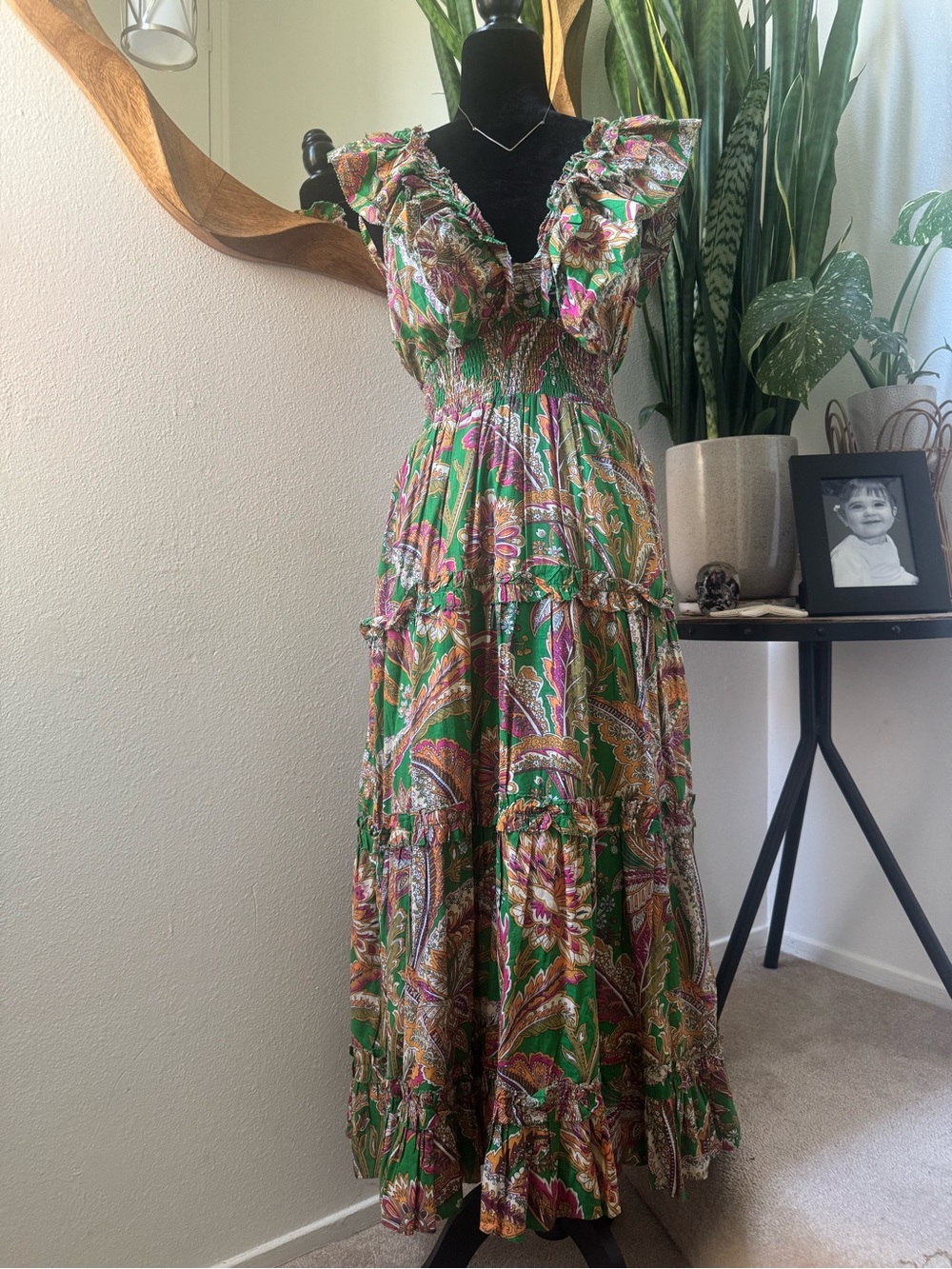 House of Harlow 1960 Green Paisley Ruffled Maxi Dress